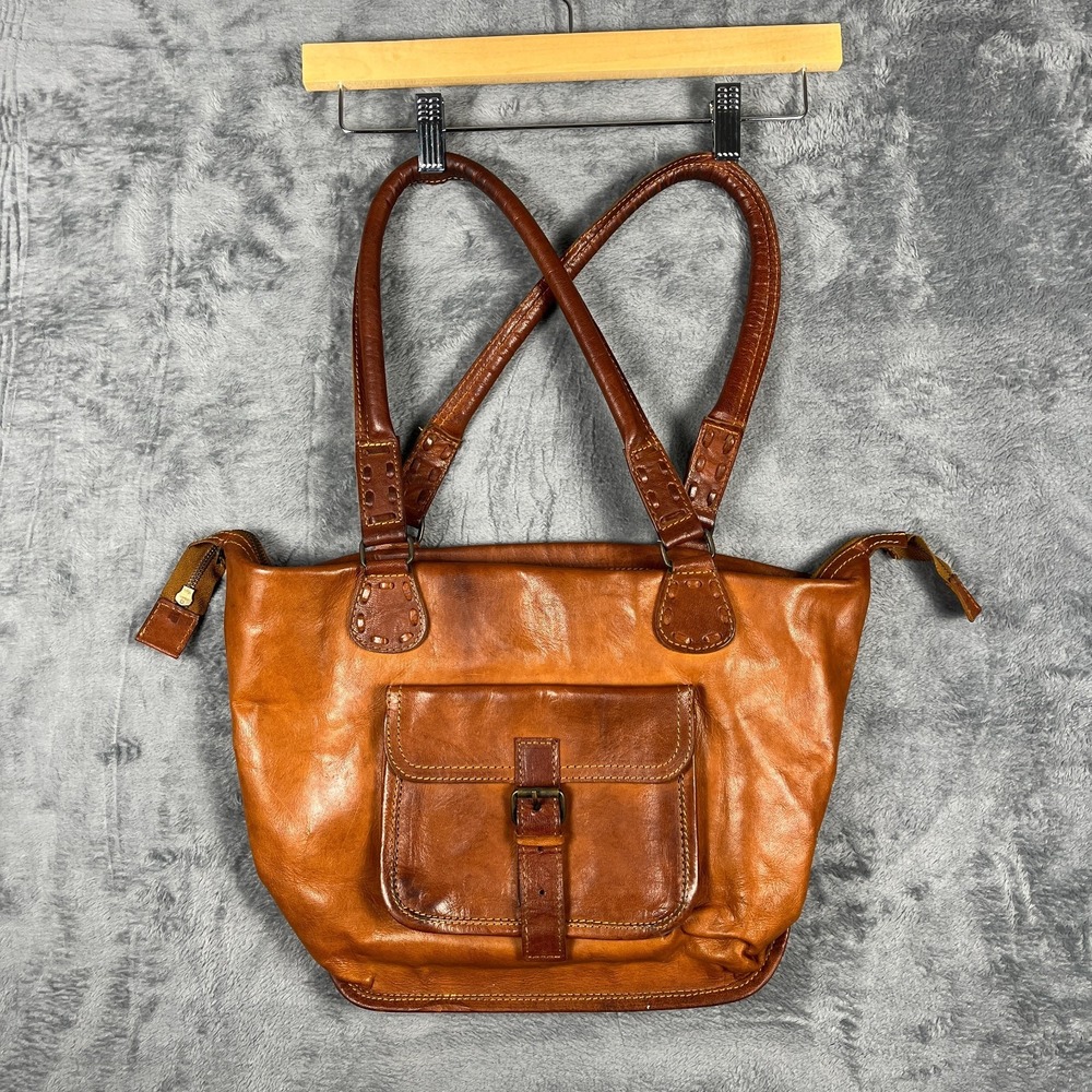 Vintage Noonday Women's Handbag Rustic Leather Pockets Double Handle Tote Bag